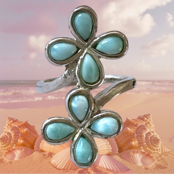 Jewelry - Sterling Silver Genuine Larimar Floral Ring, Size 6.